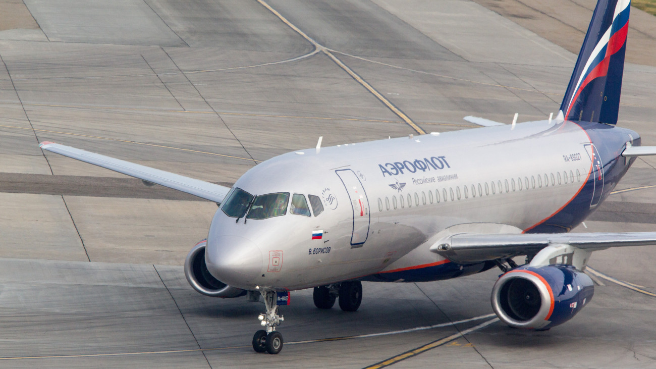 The Sukhoi Superjet-100 regional jet airplane of Aeroflot Russian Airlines on a taxiway. (Photo by: aviation-images.com/Universal Images Group via Getty Images)
