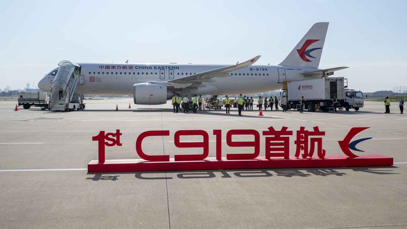 SHANGHAI, CHINA - MAY 28: Chinas homegrown C919 passenger jet prepares to depart Shanghai Hongqiao International Airport for Beijing Capital International Airport during its maiden commercial flight on May 28, 2023 in Shanghai, China. The C919 completed its first commercial flight from Shanghai to Beijing on May 28. (Photo by VCG/VCG via Getty Images)