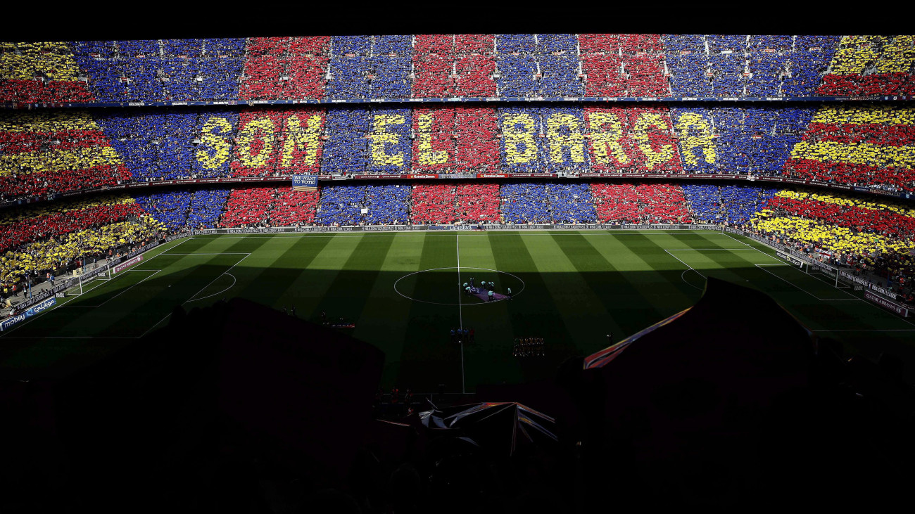 Barcelona, 2014. május 17.A barcelonai Camp Nou stadion lelátója a Barcelona - Atlético Madrid spanyol első osztályú labdarúgó-bajnokság 2014. május 17-i mérkőzése előtt. (MTI/EPA/Alberto Estevez)