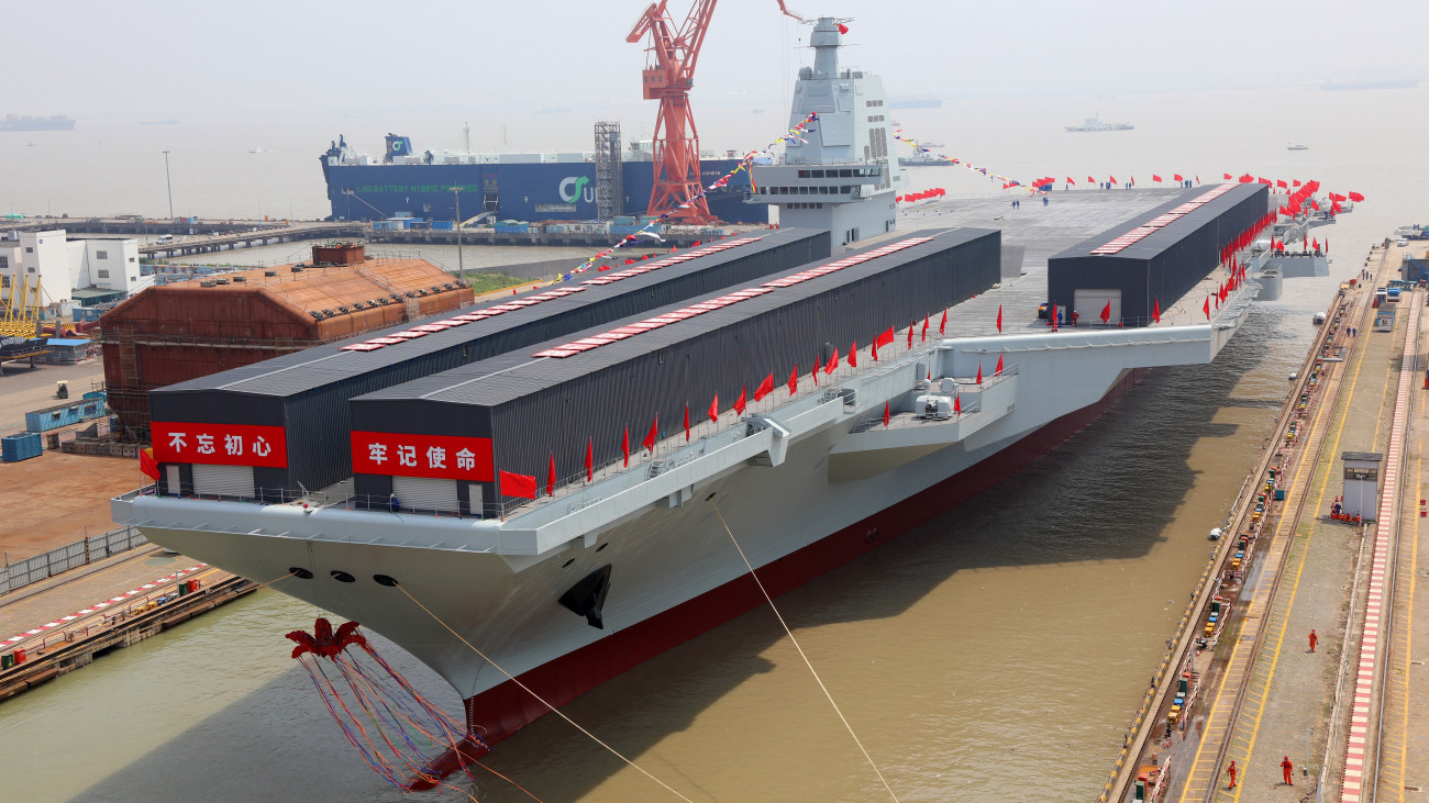 SHANGHAI, CHINA - JUNE 17: General view of the launching ceremony of Chinas third aircraft carrier, the Fujian, named after Fujian Province, at Jiangnan Shipyard, a subsidiary of China State Shipbuilding Corporation (CSSC), on June 17, 2022 in Shanghai, China. (Photo by Li Tang/VCG via Getty Images)