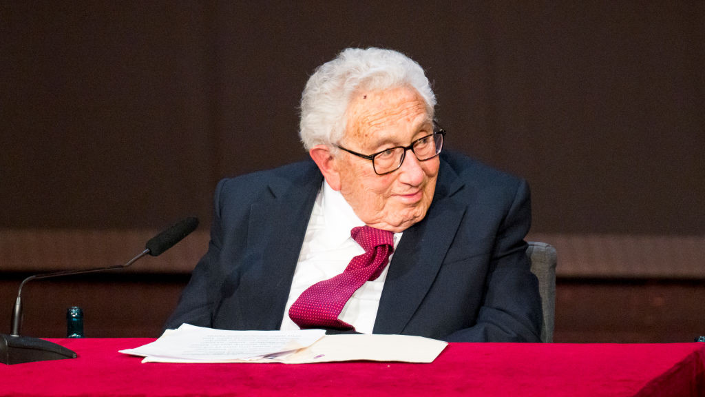 20 June 2023, Bavaria, FĂźrth: Henry Kissinger, former U.S. Secretary of State, sits on stage at the celebration of his 100th birthday. FĂźrth, the birthplace of ex-US Secretary of State Kissinger, is holding a celebration to mark the 100th birthday of its honorary citizen. Photo: Daniel Vogl/dpa (Photo by Daniel Vogl/picture alliance via Getty Images)