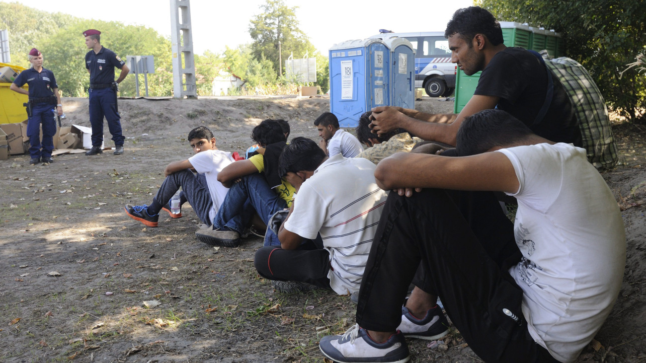 Rendőrök elfogott határsértőket őriznek Ásotthalom térségében 2015. szeptember 18-án. A Készenléti Rendőrség munkatársai tizenöt pakisztáni és egy líbiai férfit fogtak el az ásotthalmi átkelő közelében kora délután, a migránsokat embercsempész vezette el a magyar-szerb határhoz.