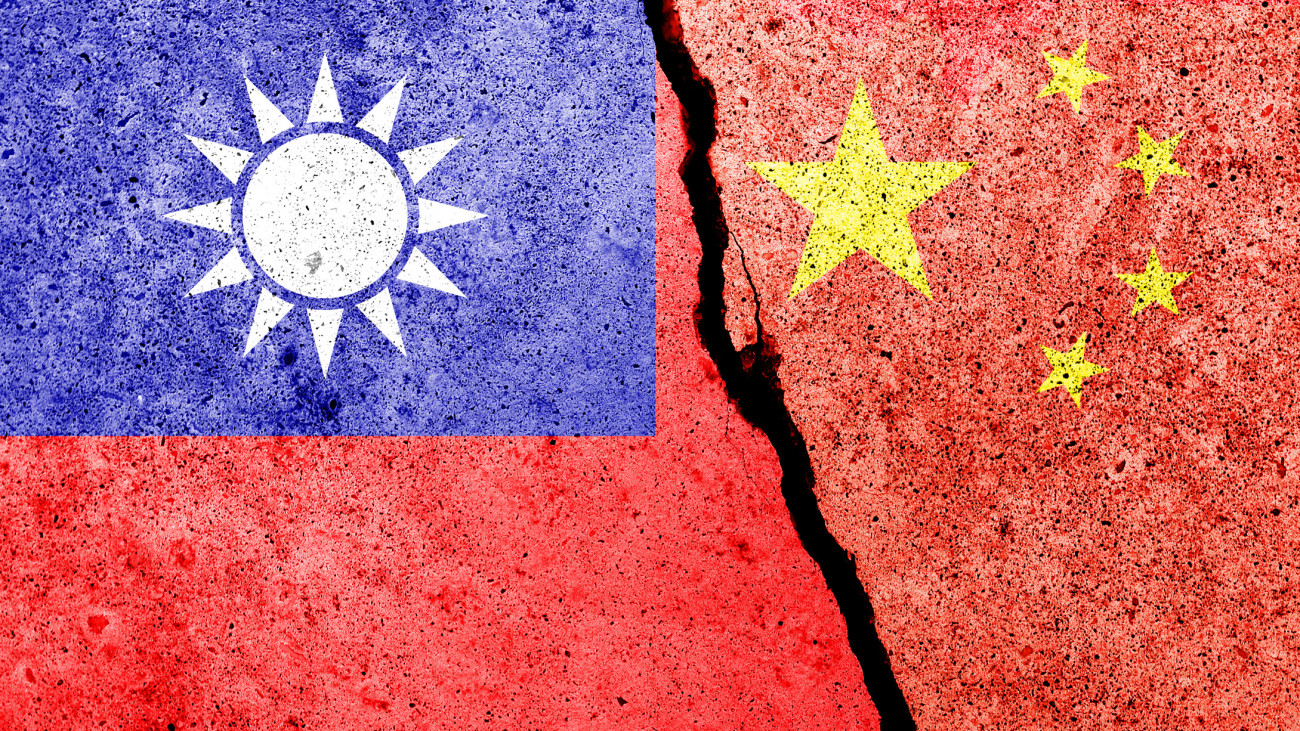 Taiwan and China flags painted on the concrete wall