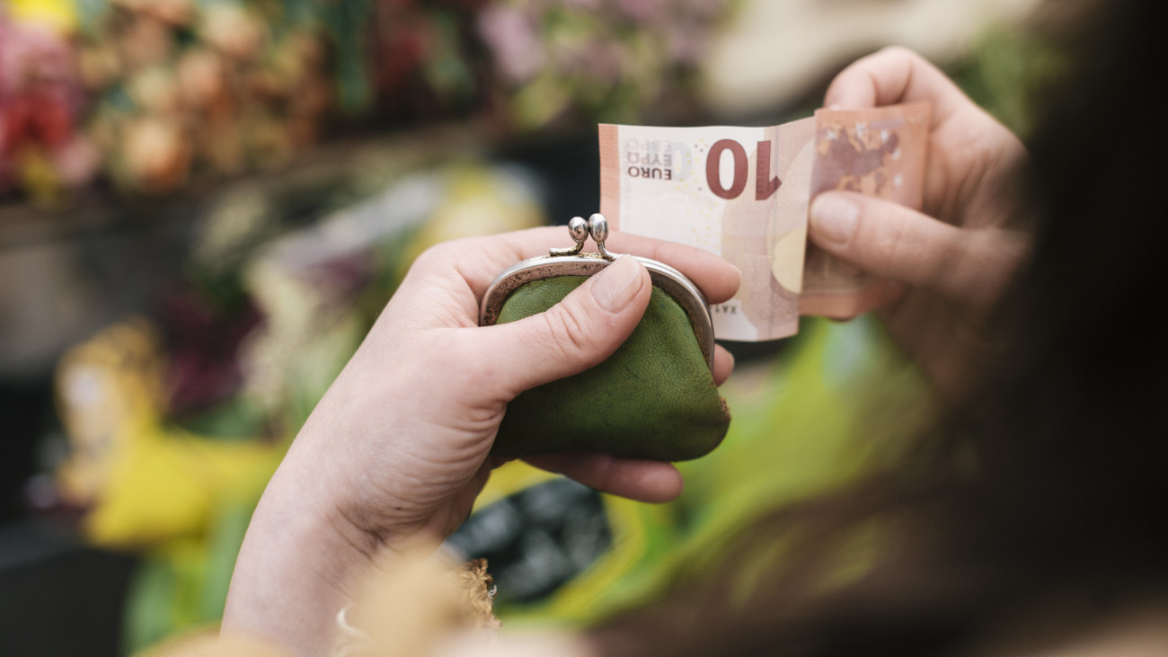 Close-up of woman paying for Flowers with a 10 Euro Bill at an outdoor Market.
