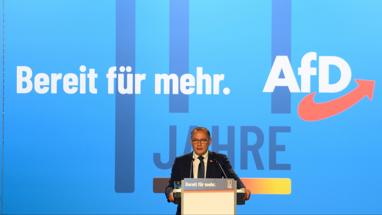 04 August 2023, Saxony-Anhalt, Magdeburg: Tino Chrupalla, AfD federal chairman and chairman of the AfD parliamentary group speaks to the delegates at the AfD European election meeting. These met in Magdeburg for the second part of the AfD European Election Assembly. Photo: Klaus-Dietmar Gabbert/dpa (Photo by Klaus-Dietmar Gabbert/picture alliance via Getty Images)