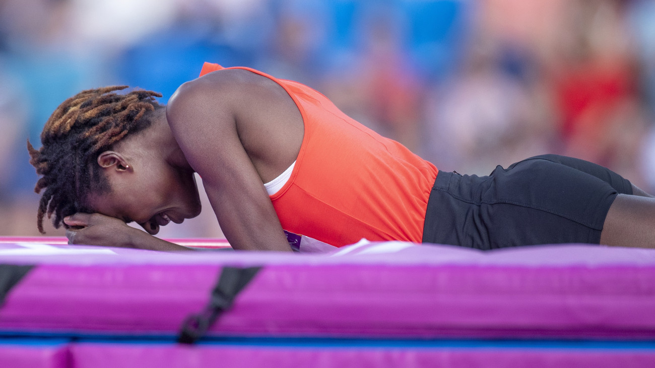 BIRMINGHAM, ENGLAND - AUGUST 6: Rose Amoanimaa Yeboah of Ghana reacts after a failed jump in the Womens High Jump Final during the Athletics competition at Alexander Stadium during the Birmingham 2022 Commonwealth Games on August 6, 2022, in Birmingham, England. (Photo by Tim Clayton/Corbis via Getty Images)