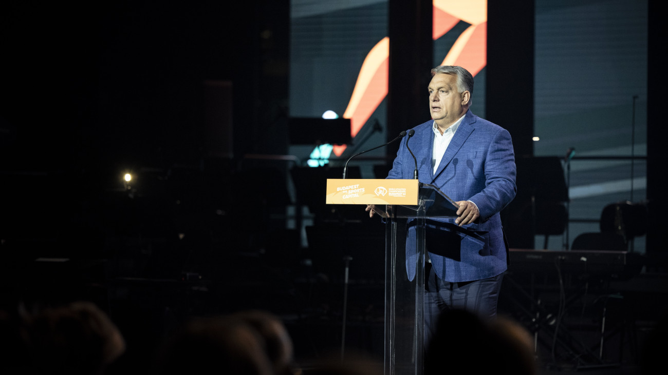 A Miniszterelnöki Sajtóiroda által közreadott képen Orbán Viktor miniszterelnök beszédet mond az atlétikai világbajnokság tiszteletére rendezett műsoron és fogadáson a Magyar Zene Házában 2023. augusztus 26-án. 