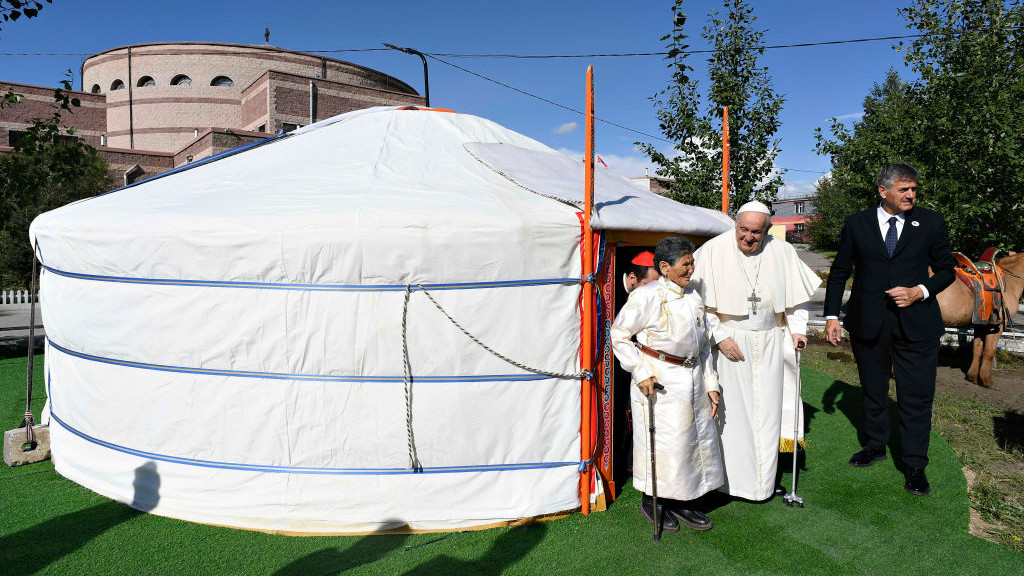 ULAANBAATAR, MONGOLIA - SEPTEMBER 02: (EDITOR NOTE: STRICTLY EDITORIAL USE ONLY - NO MERCHANDISING). Pope Francis attends his first encounter with members of the local Church in Mongolia in Ulaanbaatarâs Cathedral of Sts. Peter and Paul on September 02, 2023 in Ulaanbaatar, Mongolia. According to the Vatican, the trip is Pope Franciss 43rd Apostolic Journey abroad and 61st country visited as Pope. (Photo by Vatican Media via Vatican Pool/Getty Images)