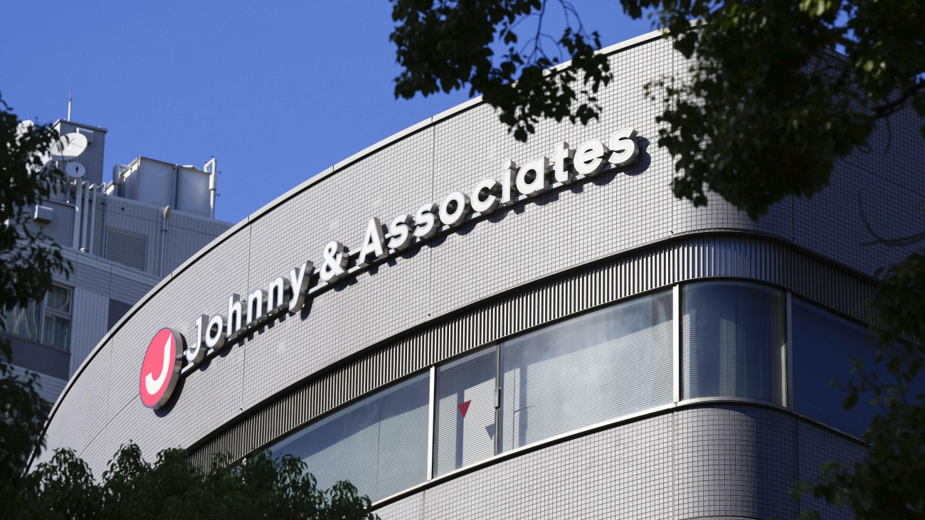Photo taken on Aug. 29, 2023, shows the sign of Johnny &amp; Associates Inc., one of Japans most powerful talent agencies, on its office building in Tokyo. (Photo by Kyodo News via Getty Images)
