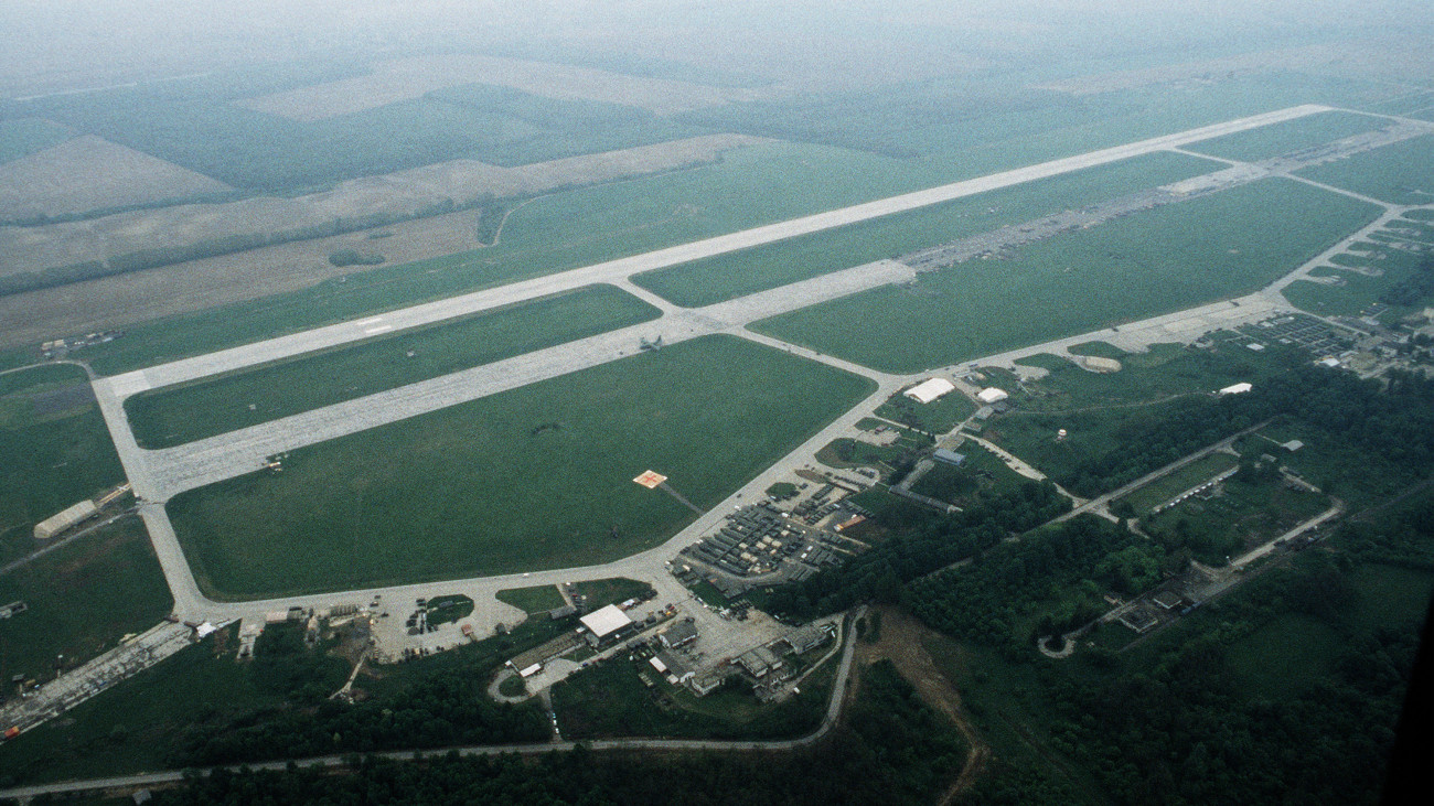 Aerial view of the north side of the airfield and aircraft ramp at the Taszar Air Base in southern Hungary.