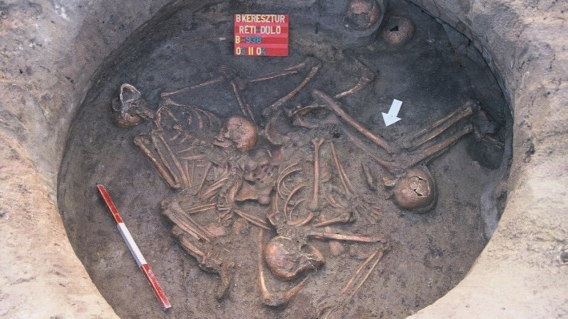 Balatonkeresztúr–Réti-dűlő, nyolc egyén temetkezése (tömegsír) a középső bronzkorból, a Kr. e. 1770 és 1620 közötti időből Forrás: Fábián Szilvia, HUN-REN BTK Régészeti Intézet