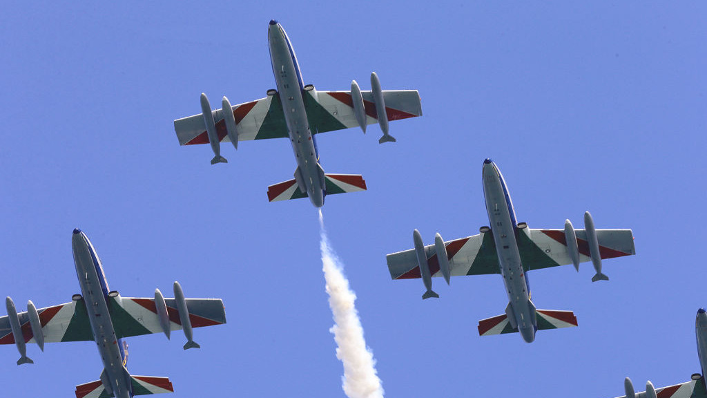 BARI, ITALY - AUGUST 25: Italian Air Force aerobatic unit Frecce Tricolori (Tricolor Arrows) perform a flyover to mark the 100th anniversary of the Air Force on August 25, 2023 in Bari, Italy.  (Photo by Donato Fasano/Getty Images)
