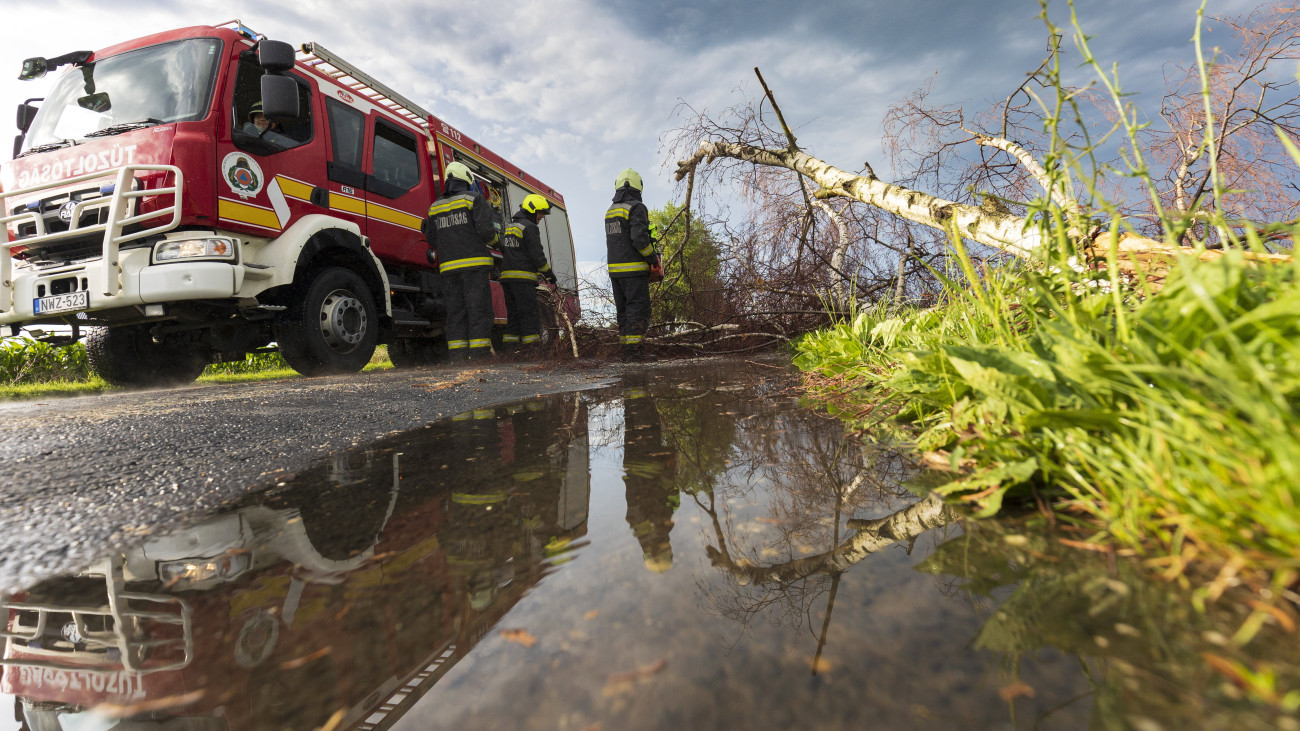 Tűzoltók távolítanak el egy viharban kidőlt fát a Zala megyei Sormás és Szepetnek közötti útról, Sormás közelében 2022. június 13-án.