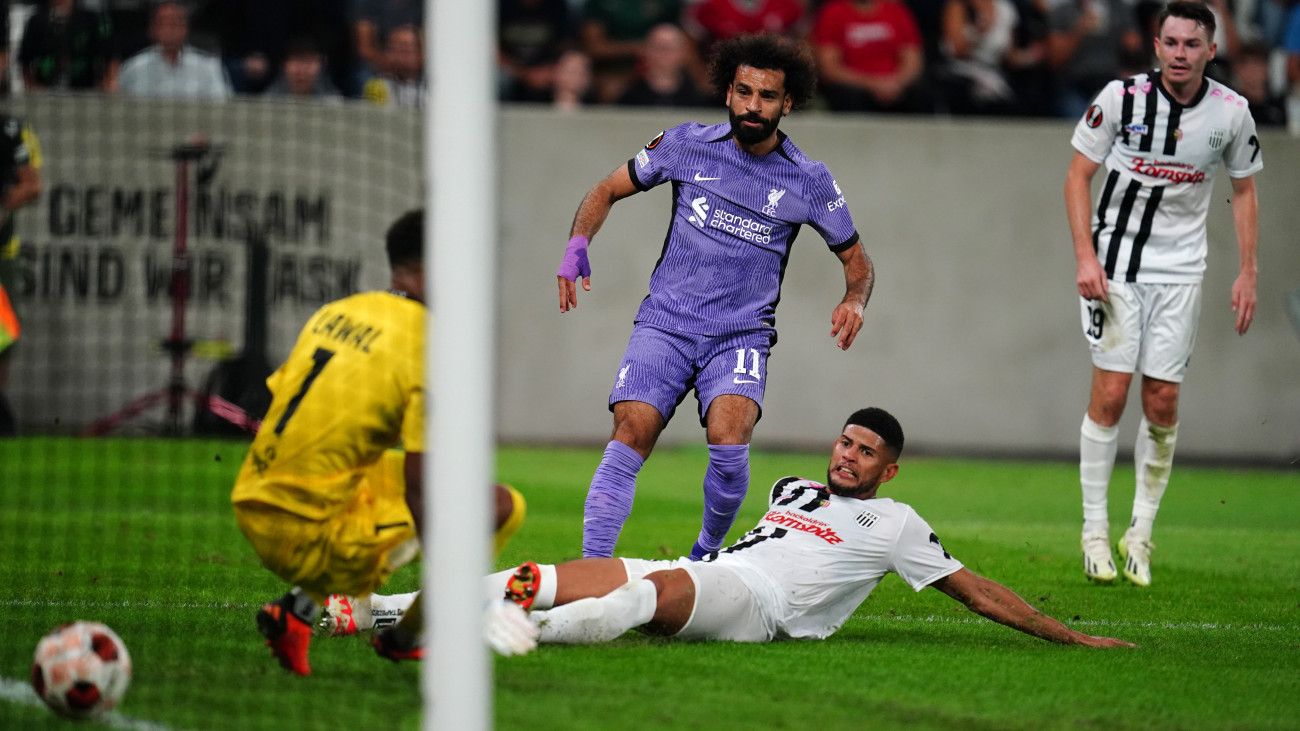 Liverpools Mohamed Salah scores their sides third goal of the game during the UEFA Europa League Group E match at the Raiffeisen Arena, Linz. Picture date: Thursday September 21, 2023. (Photo by Nick Potts/PA Images via Getty Images)