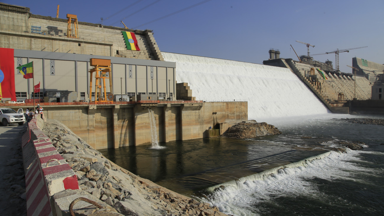 BENISHANGUL-GUMUZ, ETHIOPIA - FEBRUARY 19: A view of Grand Ethiopian Renaissance Dam, a massive hydropower plant on the River Nile that neighbors Sudan and Egypt, as the dam started to produce electricity generation in Benishangul-Gumuz, Ethiopia on February 19, 2022. Ethiopia built the dam on the Nile River in Guba, Benishangul Gumuz Region. The construction of the Grand Ethiopian Renaissance Dam has caused a row between Ethiopia and Egypt and Sudan. (Photo by Minasse Wondimu Hailu/Anadolu Agency via Getty Images)