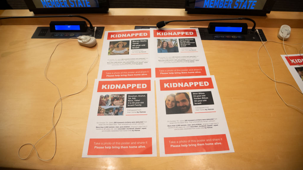 NEW YORK, NEW YORK - OCTOBER 13: Posters of kidnapped Israeli citizens given to officials at the United Nations during a meeting with families of hostages kidnapped by Hamas on October 13, 2023 in New York City. The Palestinian militant group Hamas launched a surprise attack on Israel from Gaza killing more than 1,300 people and wounding thousands. The attack prompted a declaration of war by Israeli Prime Minister Benjamin Netanyahu, and retaliatory strikes by the Israeli army have bombarded Gaza. (Photo by Noam Galai/Getty Images)