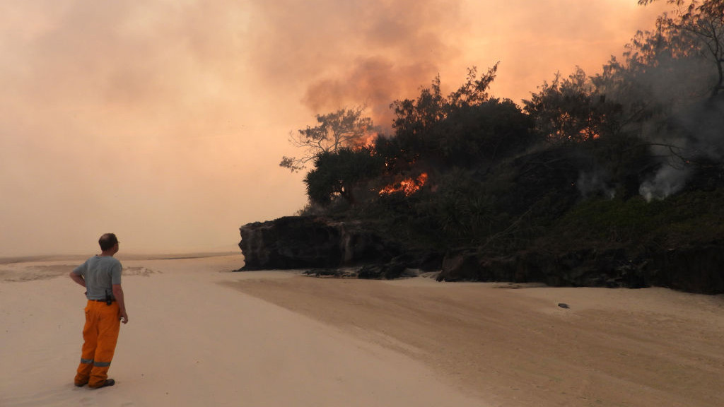 FRASER ISLAND, AUSTRALIA - DECEMBER 07: A volunteer fire-fighter watches a slow burning fire move along the beach on December 07, 2020 in Fraser Island, Australia. Queensland Fire and Emergency Services continue to work to contain a bushfire that has been burning on Fraser Island for six weeks, and is now threatening areas with 1,000-year-old trees.  Fraser Island, also known as Kgari, is world heritage listed and the worlds largest sand island The fire started in mid-October after an illegal campfire and has since burned across 81,000 hectares of the island. (Photo by Greg Nature Slade/Getty Images)