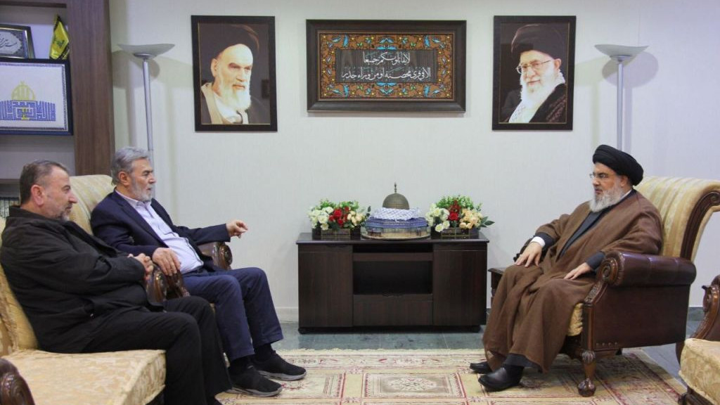 BEIRUT, LEBANON - OCTOBER 25: (----EDITORIAL USE ONLY  MANDATORY CREDIT - HEZBOLLAH PRESS OFFICE / HANDOUT - NO MARKETING NO ADVERTISING CAMPAIGNS - DISTRIBUTED AS A SERVICE TO CLIENTS----) Secretary General of Hezbollah in Lebanon Hassan Nasrallah (R) meets with Secretary General of the Palestinian Islamic Jihad Movement Ziyad al-Nakhalah (2nd L) and Deputy Head of the Hamas Political Bureau Saleh al-Arouri (L) in Beirut, Lebanon on October 25, 2023. (Photo by Hezbollah Press Office / Handout/Anadolu via Getty Images)