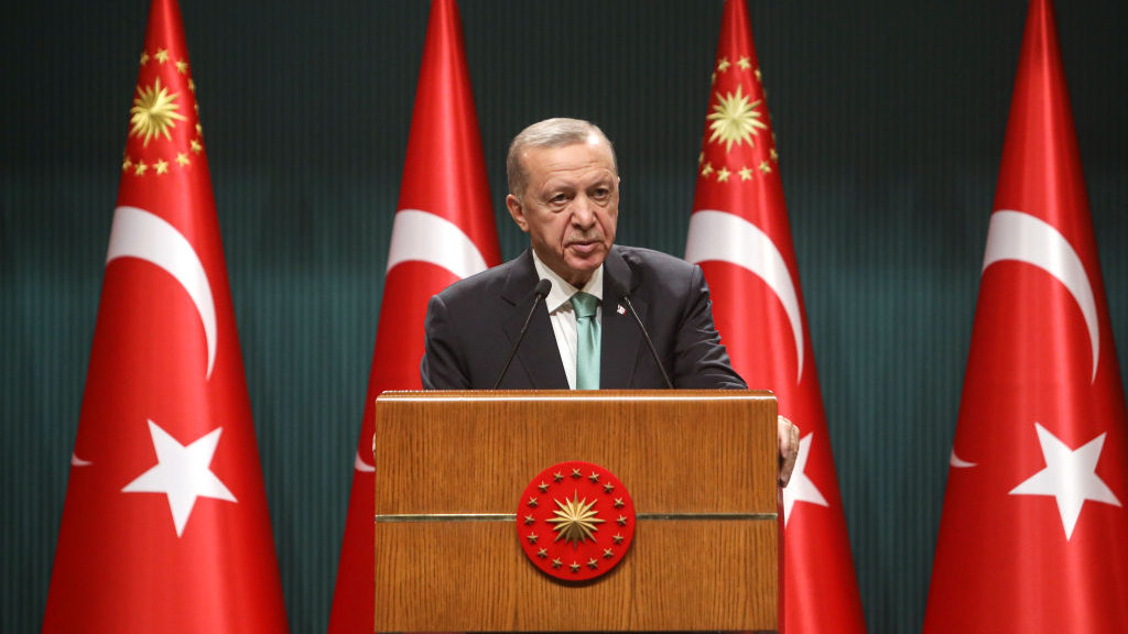 ANKARA, TURKEY- SEPTEMBER 25: President Recep Tayyip ErdoÄan during a press statement after the cabinet meeting on September 25, 2023 in Ankara, Turkey. (Photo by Yavuz Ozden/ dia images via Getty Images)