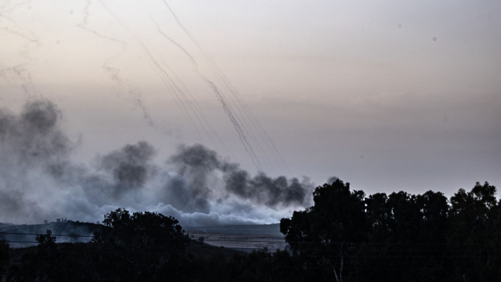 SDEROT, ISRAEL - OCTOBER 28: Smoke rises over Beit Hanoun city of Gaza, which is seen from Sderot as the Israeli airstrikes continue on its 22nd day in Sderot, Israel on October 28, 2023. (Photo by Mostafa Alkharouf/Anadolu via Getty Images)