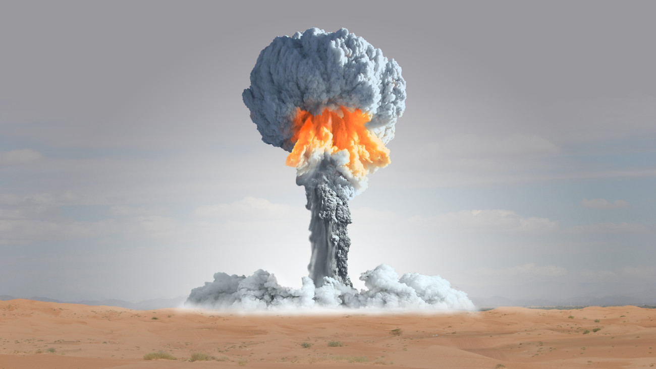 Nuclear device explosion in the desert.