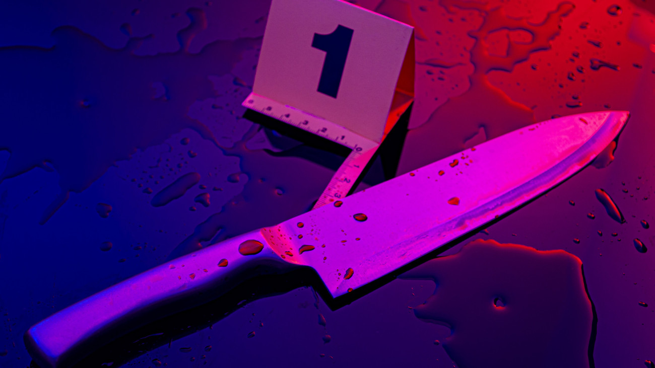 Forensic science, murder weapon and criminal investigation concept theme with kitchen knife covered in blood next to numbered marker in a dark bloody crime scene lit by cop car lights