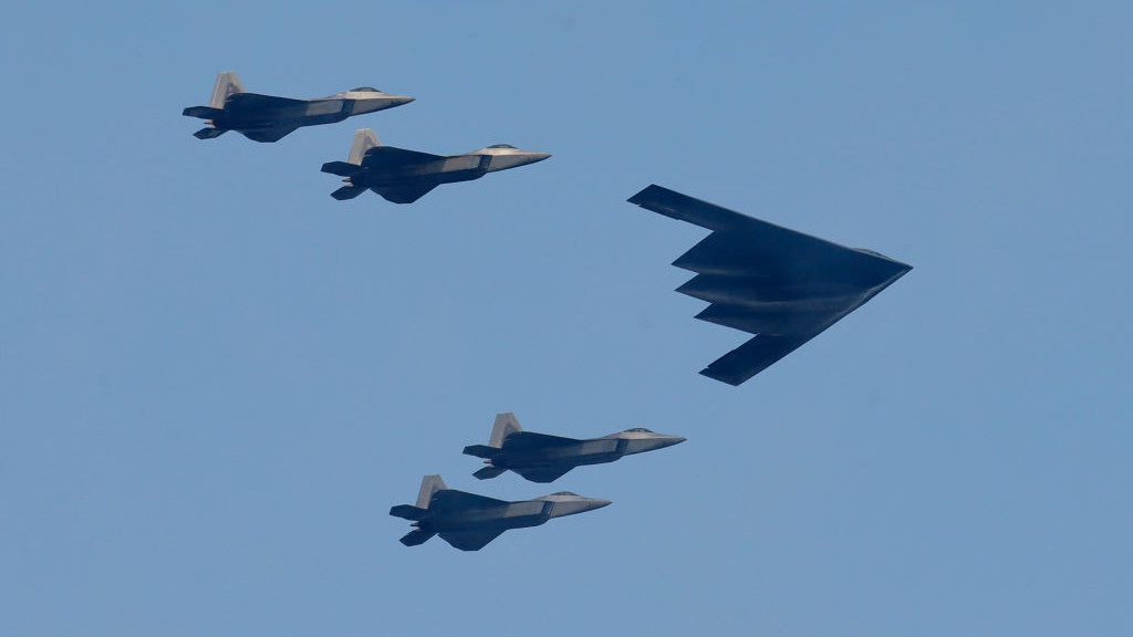 BAYONNE, NJ - JULY 4: A B2 bomber leads a group of fighter jets during a military flyover as part of Independence Day festivities on July 4, 2020 as seen from Bayonne, New Jersey. (Photo by Gary Hershorn/Getty Images)