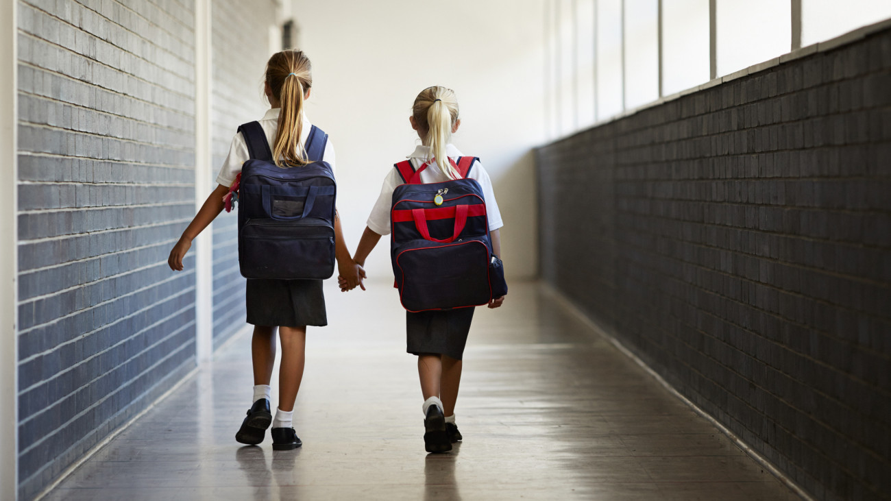 Schoolgirls walking hand in hand at school isle