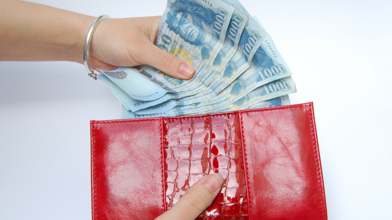 Hungarian banknotes, forint and a red purse are in hands.