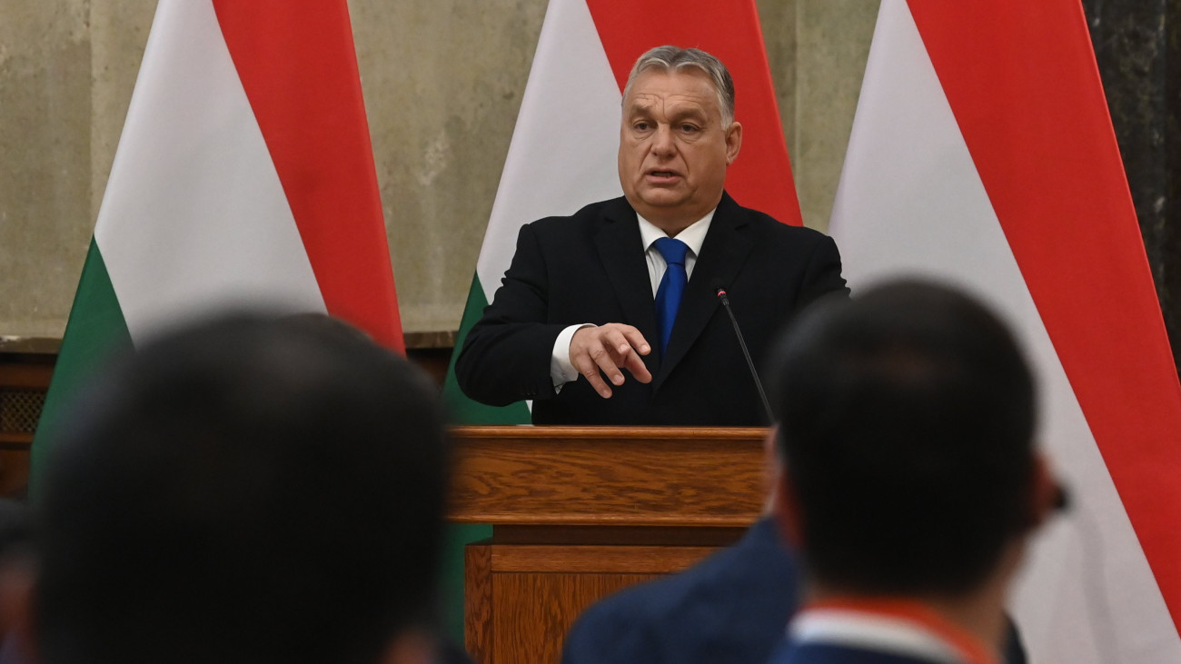 Orbán Viktor miniszterelnök beszédet mond a Délkelet-európai Országok Parlamenti Elnökeinek 11. konferenciáján Budapesten, az Országházban 2023. november 17-én.