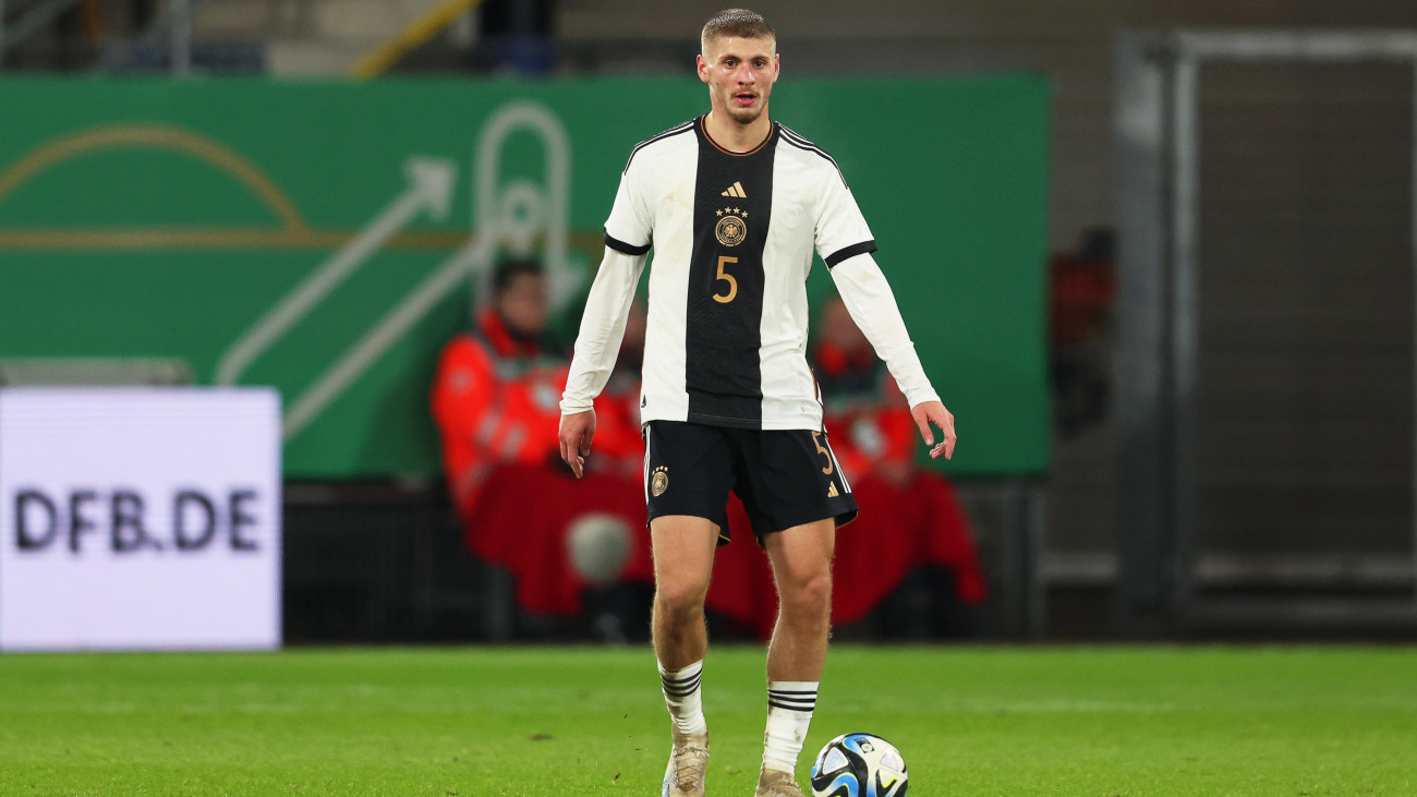 17 November 2023, North Rhine-Westphalia, Paderborn: Soccer, U21 Men: European Championship Qualification, Germany - Estonia, 1st round, Group D, Matchday 6, at the stadium in Paderborn. Germanys Marton Dardai handles the ball. Photo: Friso Gentsch/dpa (Photo by Friso Gentsch/picture alliance via Getty Images)