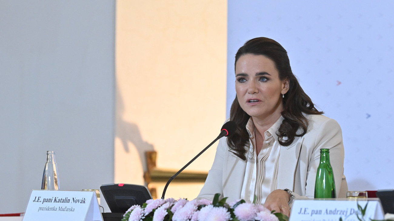 Novák Katalin köztársasági elnök beszél a visegrádi országok (V4) államfői találkozója utáni sajtótájékoztatón a prágai elnöki palotában 2023. november 22-én.