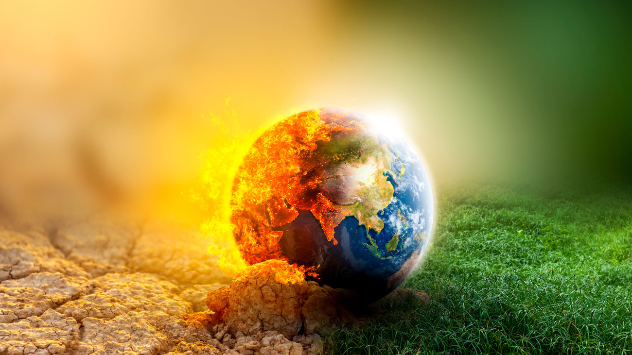 Concept illustration Global warming around the world is about to be burned by human hands (3D image)
