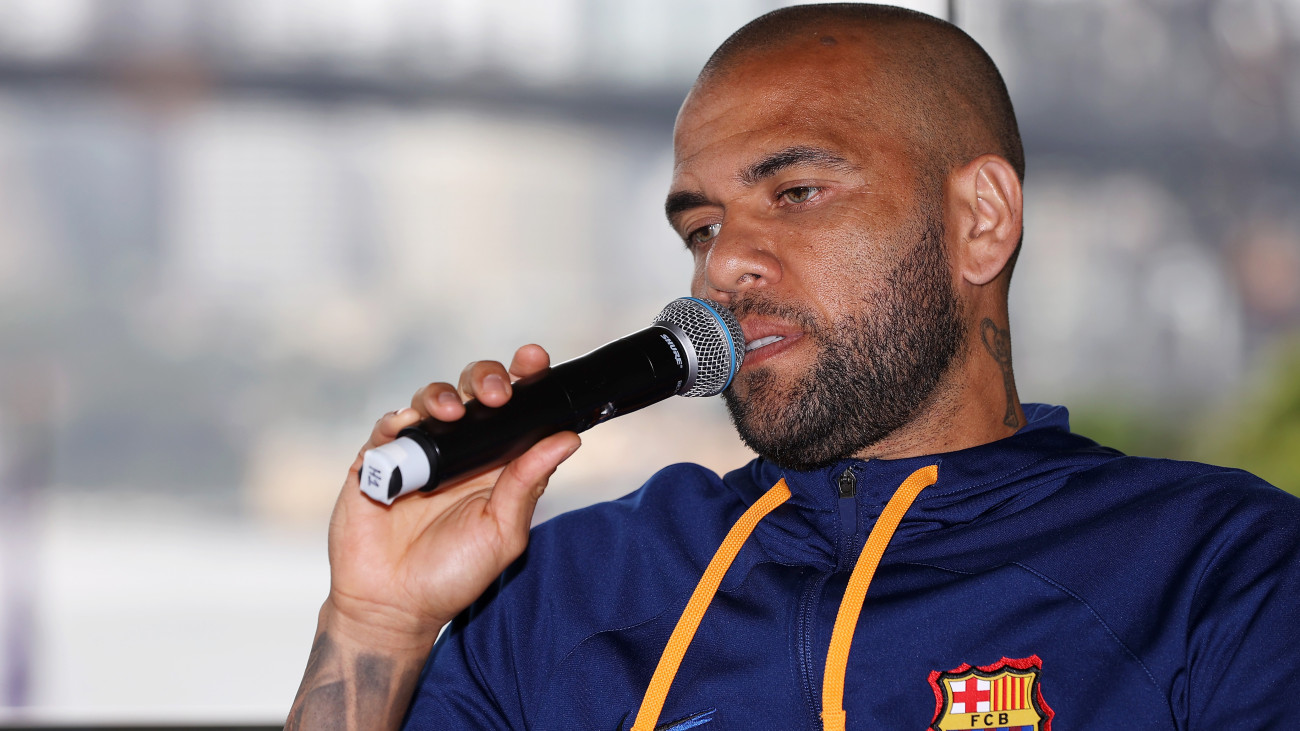 SYDNEY, AUSTRALIA - MAY 24: Dani Alves of FC Barcelona speaks to the press during a media opportunity at Pullman Grand Quay Sydney on May 24, 2022 in Sydney, Australia. (Photo by Mark Kolbe/Getty Images)