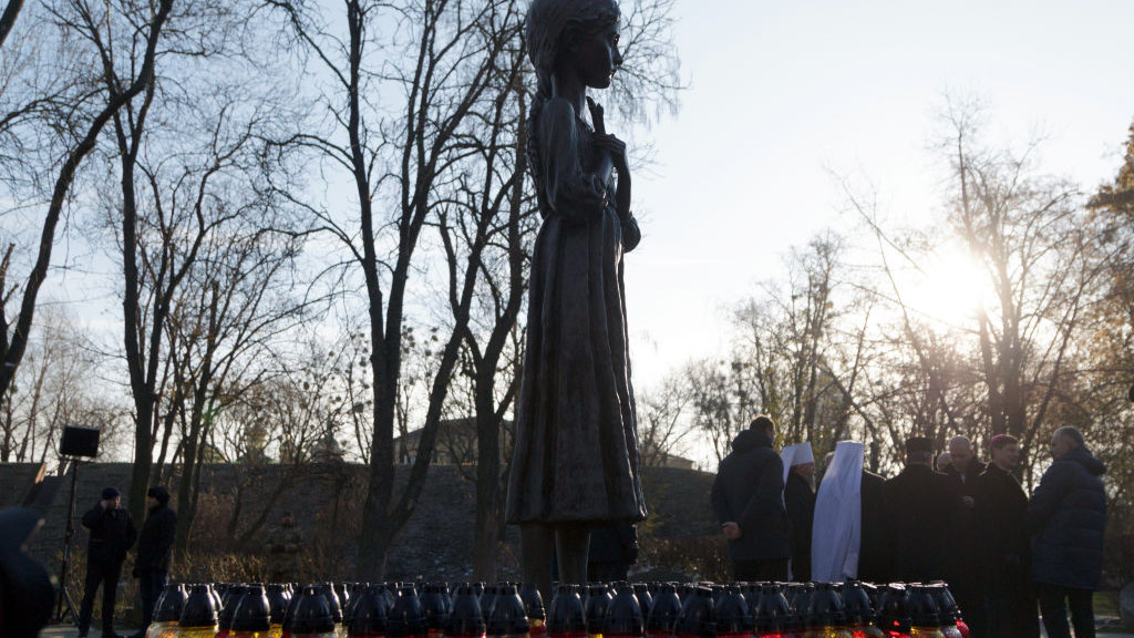 Vigil lanterns are being left at the Bitter Memory of Childhood monument during the events commemorating the 90th anniversary of the Holodomor of 1932-1933, the genocide of the Ukrainian people, at the National Museum of the Holodomor-Genocide on Holodomor Remembrance Day in Kyiv, Ukraine, on November 25, 2023. Ukraine is commemorating the victims of the Holodomor, the 1932-33 man-made famine that killed millions, on the fourth Saturday of November. NO USE RUSSIA. NO USE BELARUS. (Photo by Ukrinform/NurPhoto via Getty Images)