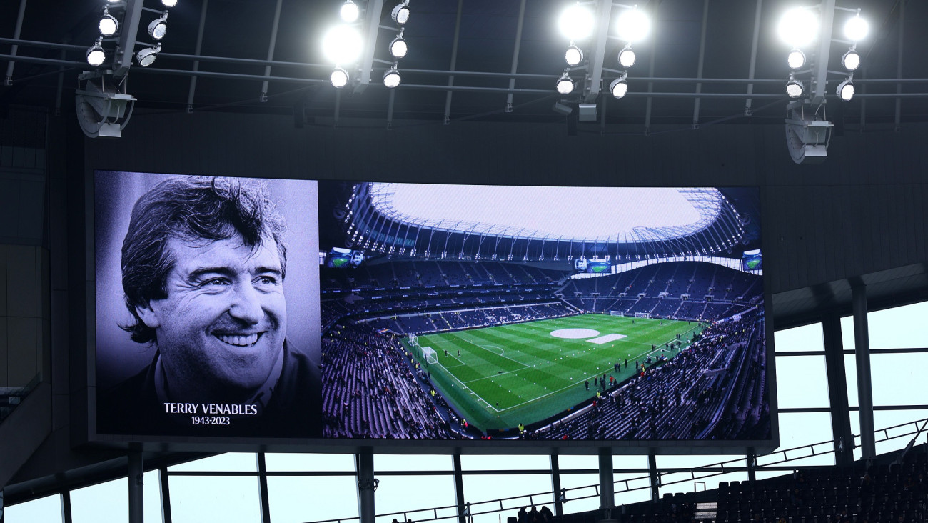 LONDON, ENGLAND - NOVEMBER 26: A tribute to Terry Venables on the big screen during the Premier League match between Tottenham Hotspur and Aston Villa at Tottenham Hotspur Stadium on November 26, 2023 in London, England. (Photo by Chloe Knott - Danehouse/Getty Images)