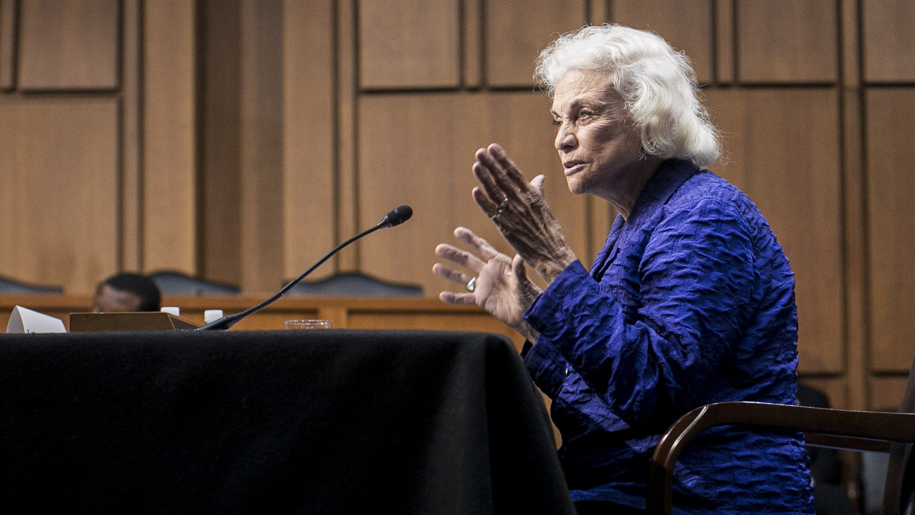 WASHINGTON, DC - JULY 25: Former Supreme Court Justice Sandra Day OConnor testifies before the Senate Judiciary Committee on July 25, 2012 in Washington, DC. OConnor spoke to the necessity for civics education in maintaining an independent judiciary. The former associate justice also expressed doubt about the process in some states of electing judges, and about the validity of asking Supreme Court nominees how they would vote in the future. (Photo by T.J. Kirkpatrick/Getty Images)
