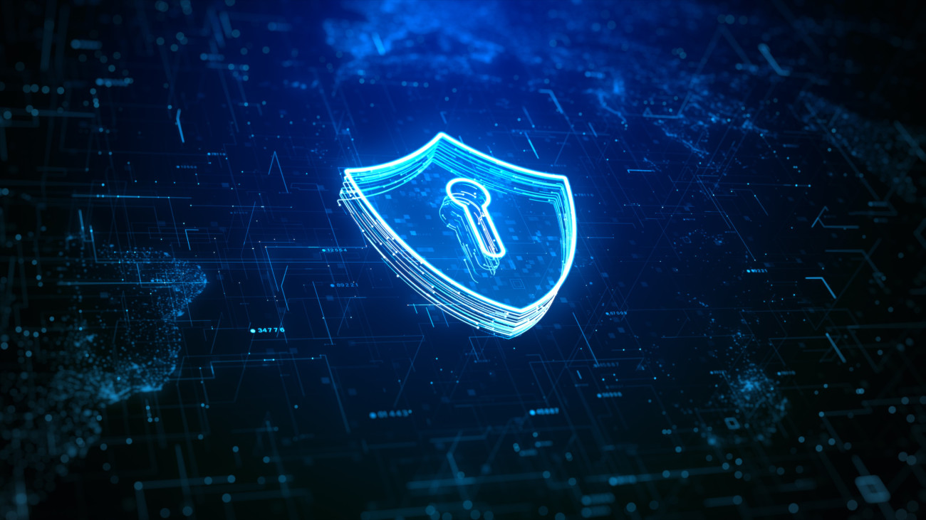 Shield Icon Cyber Security, Digital Data Network Protection, Future Technology Digital Data Network Connection, Backup and Storage Big Data Abstract Background Concept.