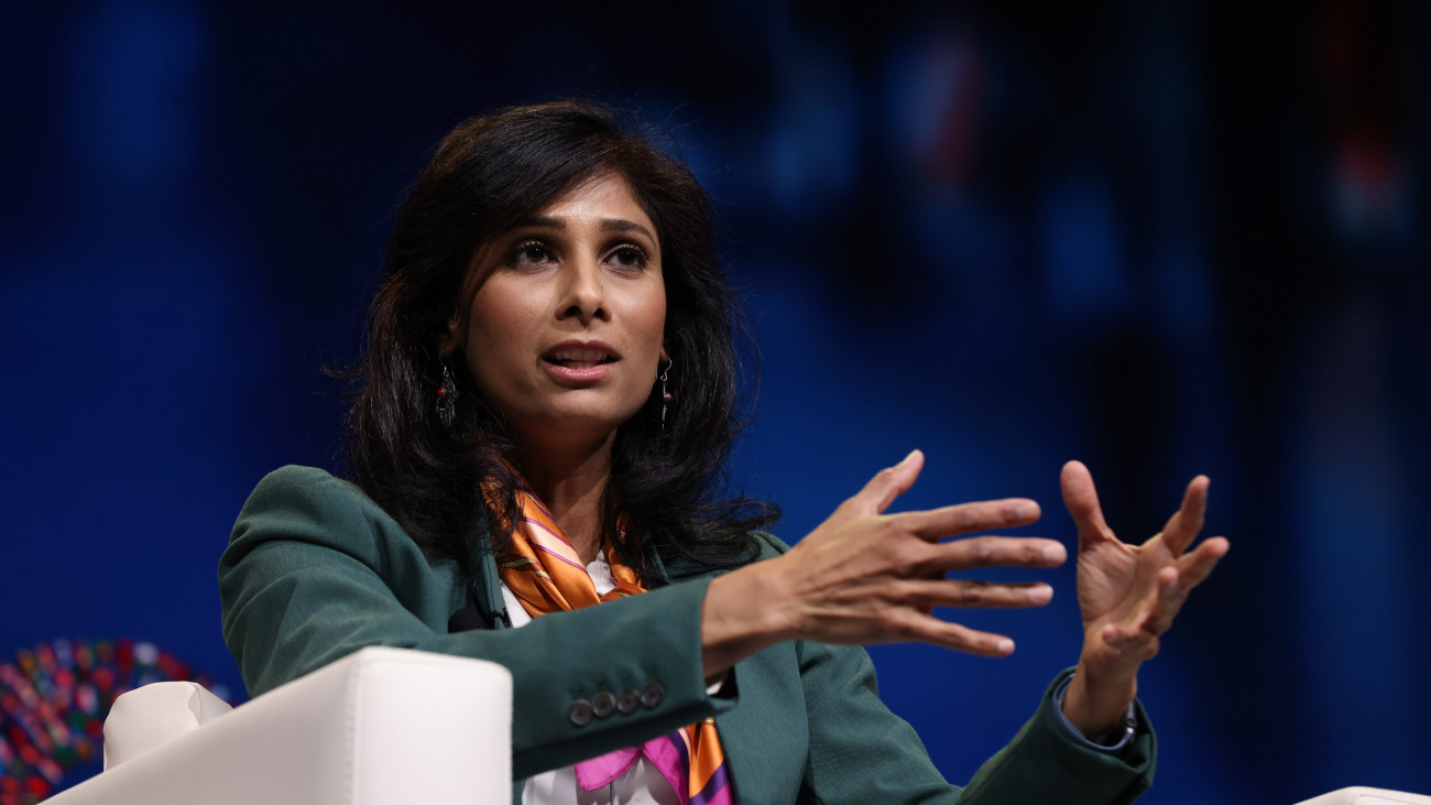 Gita Gopinath, first deputy managing director of International Monetary Fund (IMF), during a panel session at the annual meetings of the International Monetary Fund (IMF) and World Bank in Marrakesh, Morocco, on Friday, Oct. 13, 2023. The IMF and World Banks first annual meetings in Africa since 1973 were expected to give a spending boost to Moroccos fourth-largest city and one of its top tourist destinations. Photographer: Hollie Adams/Bloomberg via Getty Images
