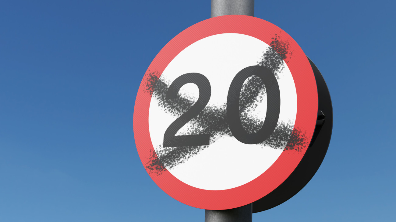 20mph speed limit road sign crossed out by villains. Illustration of the concept of outrage, disagreement and controversy of the reduction of road speed limit in towns and cities