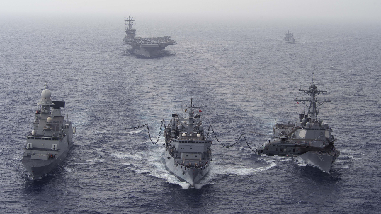 MEDITERRANEAN SEA - JUNE 16: The guided-missile destroyer USS Mason (DDG 87), right, and Italian navy destroyer ITNS Andrea Doria (D553) receive alternative fuel during a replenishment-at-sea with the Italian oiler ITNS Etna (A5326).  Mason, deployed with the Eisenhower Carrier Strike Group, is conducting naval operations in the U.S. 6th Fleet area of operations in support of U.S. national security interests in Europe. (Photo by Rafael Martie/US Navey via Getty Images)