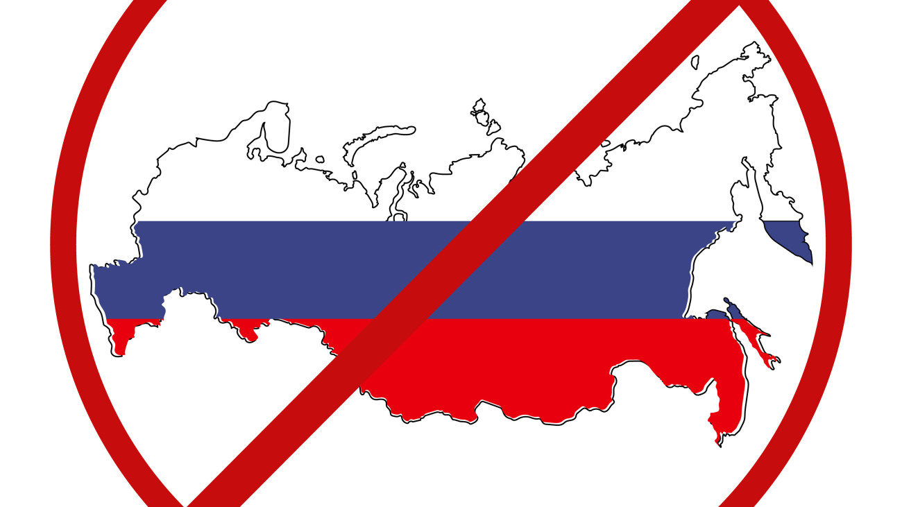 An illustration of Russia map and a red prohibition sign. Travel ban concept. Closed borders due to covid-19 infection.  Sanctions.