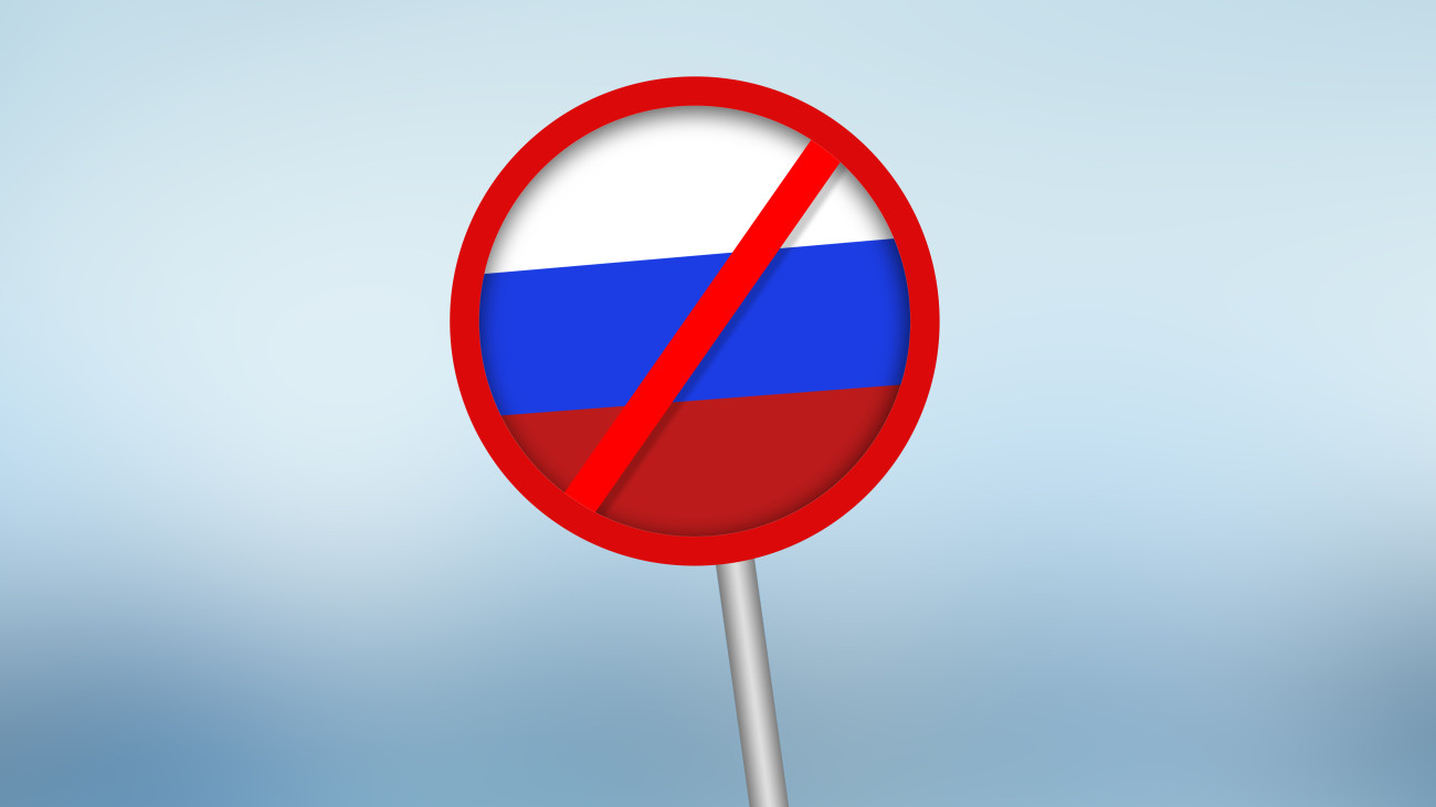 Sanctions on Russia concept background with a flag on the signboard. Banning Russia concept