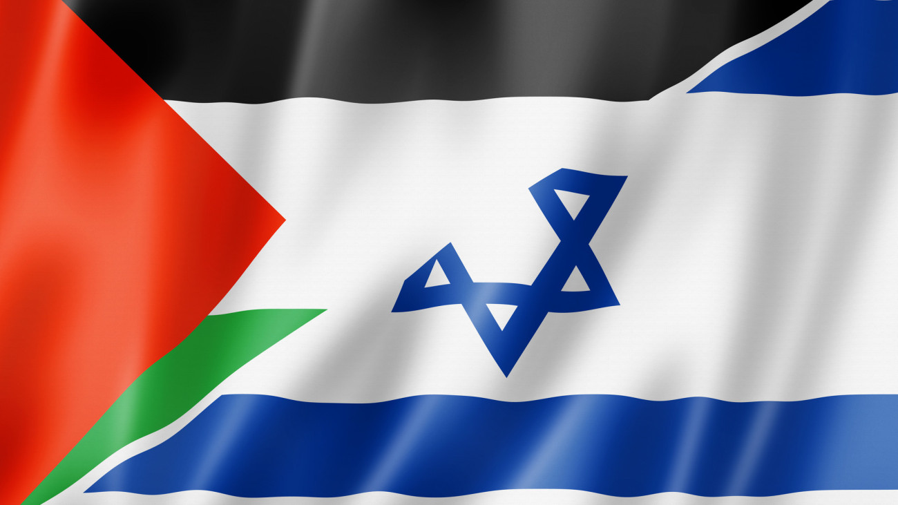 Mixed Palestine and Israel flag, three dimensional render, illustration