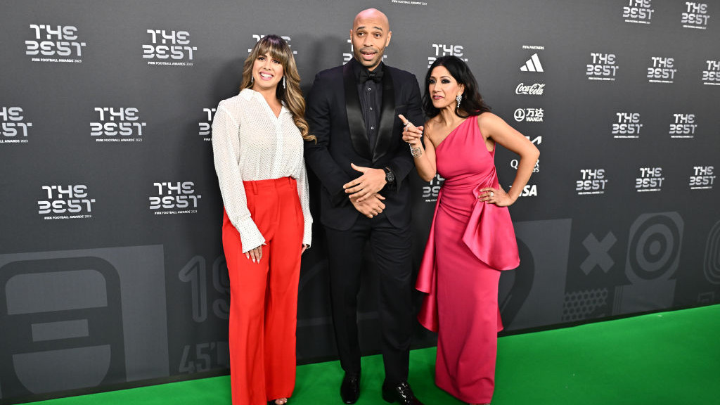 LONDON, ENGLAND - JANUARY 15: Duda Pavao, Thierry Henry and Reshmin Chowdhury arrive on the Green Carpet ahead of The Best FIFA Football Awards 2023 at The Apollo Theatre on January 15, 2024 in London, England.. (Photo by Sebastian Frej/MB Media/Getty Images)