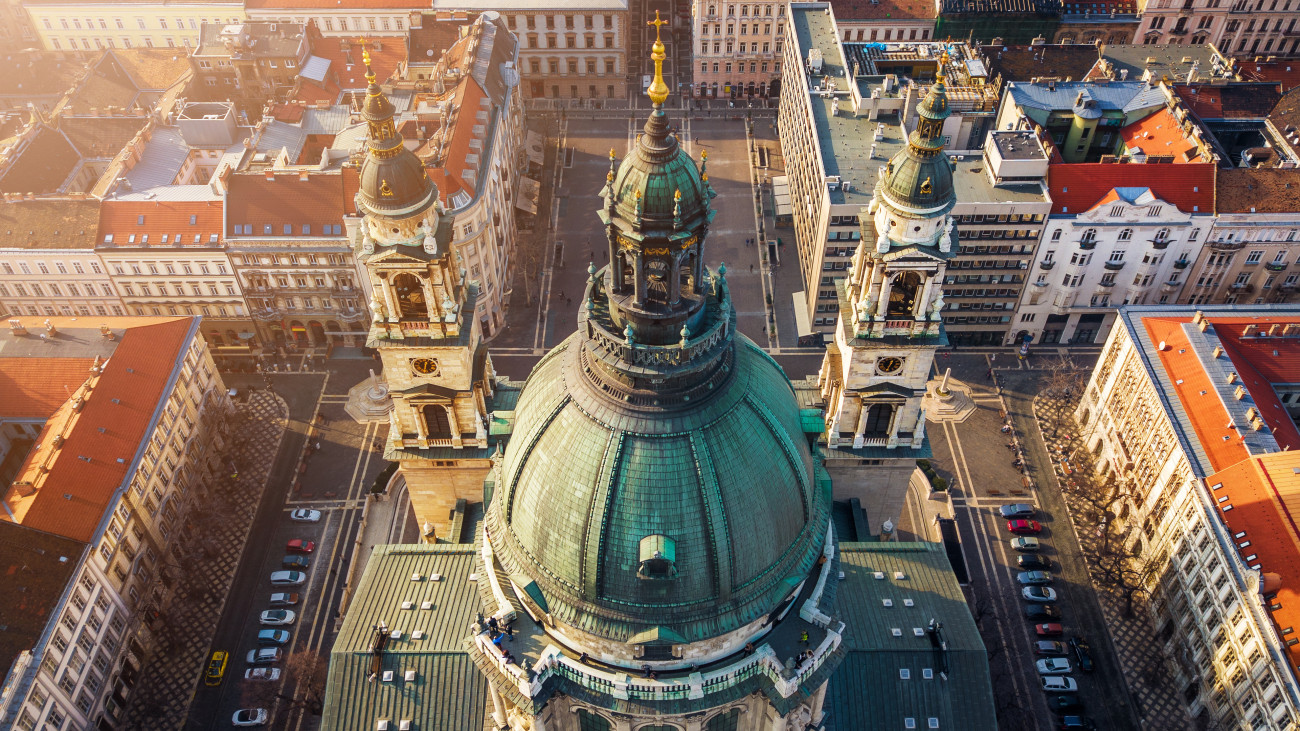 Budapest, Hungary - Aerial view of the beautiful St.Stephens Basilica (Szent Istvan Bazilika) at sunset