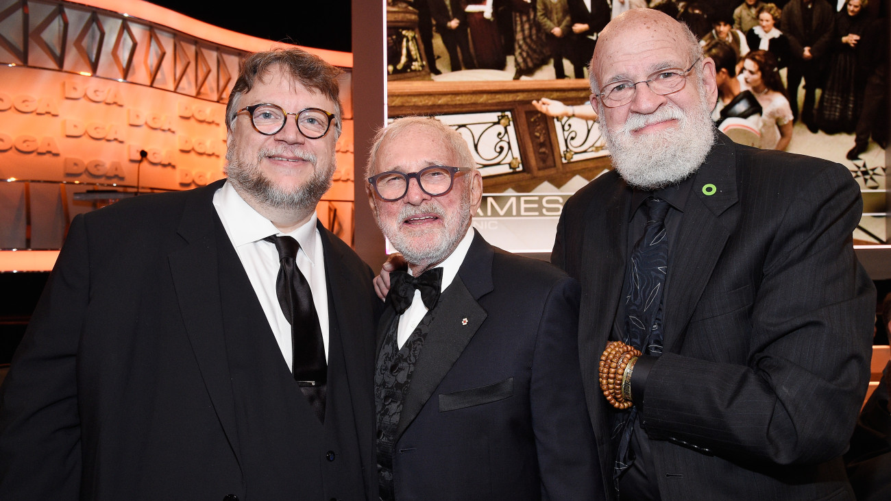 BEVERLY HILLS, CA - FEBRUARY 03:  (L-R) Directors Guillermo del Toro, Norman Jewison and Jeremy Kagan attend the 70th Annual Directors Guild Of America Awards at The Beverly Hilton Hotel on February 3, 2018 in Beverly Hills, California.  (Photo by Kevork Djansezian/Getty Images for DGA)