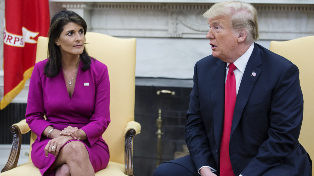 U.S. President Donald Trump, right, speaks with Nikki Haley, U.S. Ambassador to the United Nations, during a meeting in the Oval Office at the White House in Washington, D.C., U.S., on Tuesday, Oct. 9, 2018. HaleyÂ will leave her job as U.S. ambassador to the United Nations at the end of the year, TrumpÂ said, an announcement that surprised the White House and led to fresh speculation about her political future. Photographer: Zach Gibson/Bloomberg via Getty Images