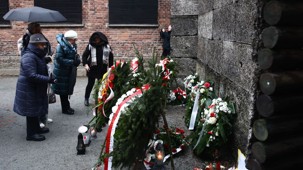OSWIECIM, POLAND - JANUARY 27: Holocaust survivors take part in the ceremony of the 79th anniversary of Auschwitz-Birkenau concentration camp liberation, in Oswiecim, Poland on January 27, 2024. (Photo by Jakub Porzycki/Anadolu via Getty Images)