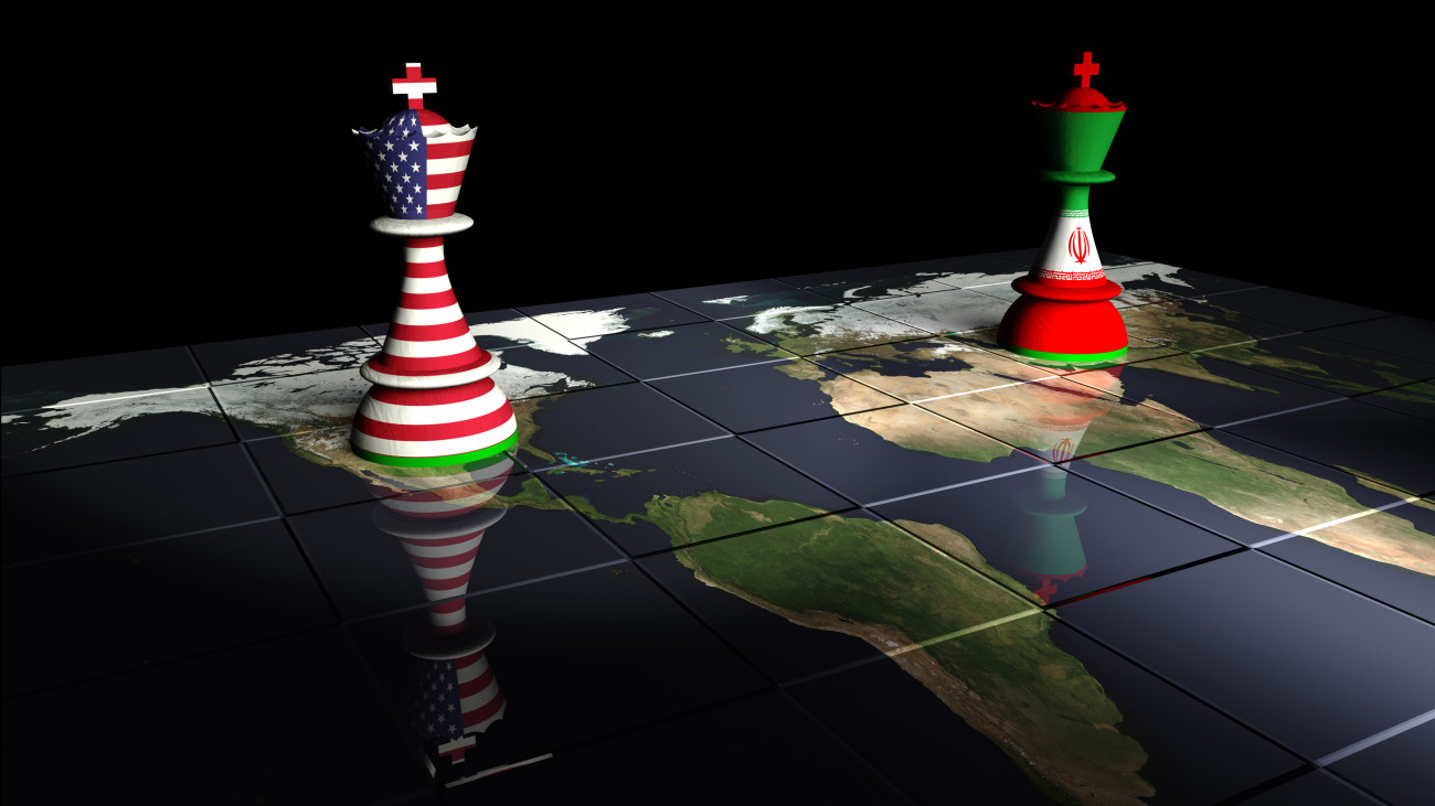 Render of a chessboard decorated a map of the earth and with pieces decorated with the American and Iranian flags.  The Earth map is a public domain image from NASAs Visible Earth project: https://visibleearth.nasa.gov/view.php?id=73884
